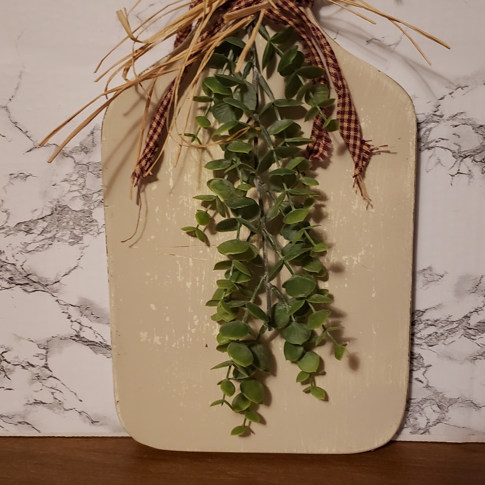 Rustic Cream Wall Hanging with Greenery. Hand painted, repurposed, farmhouse